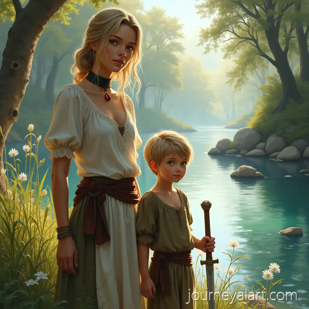 Fantasy-Illustration-of-Woman-and-Child-by-Enchanted-Lake-with-Magical-Elements