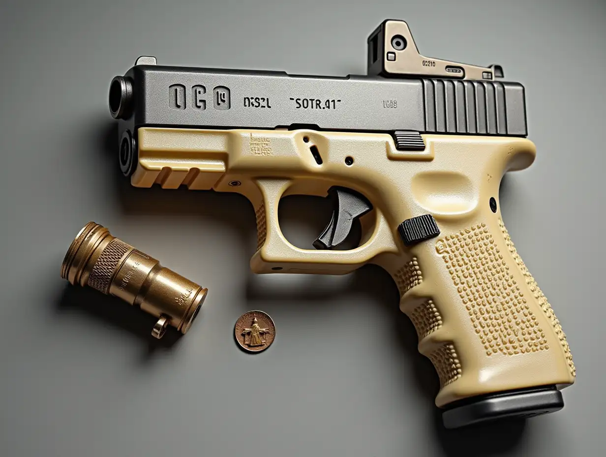 Create for me a Glock 16 pistol made of stainless steel and ivory