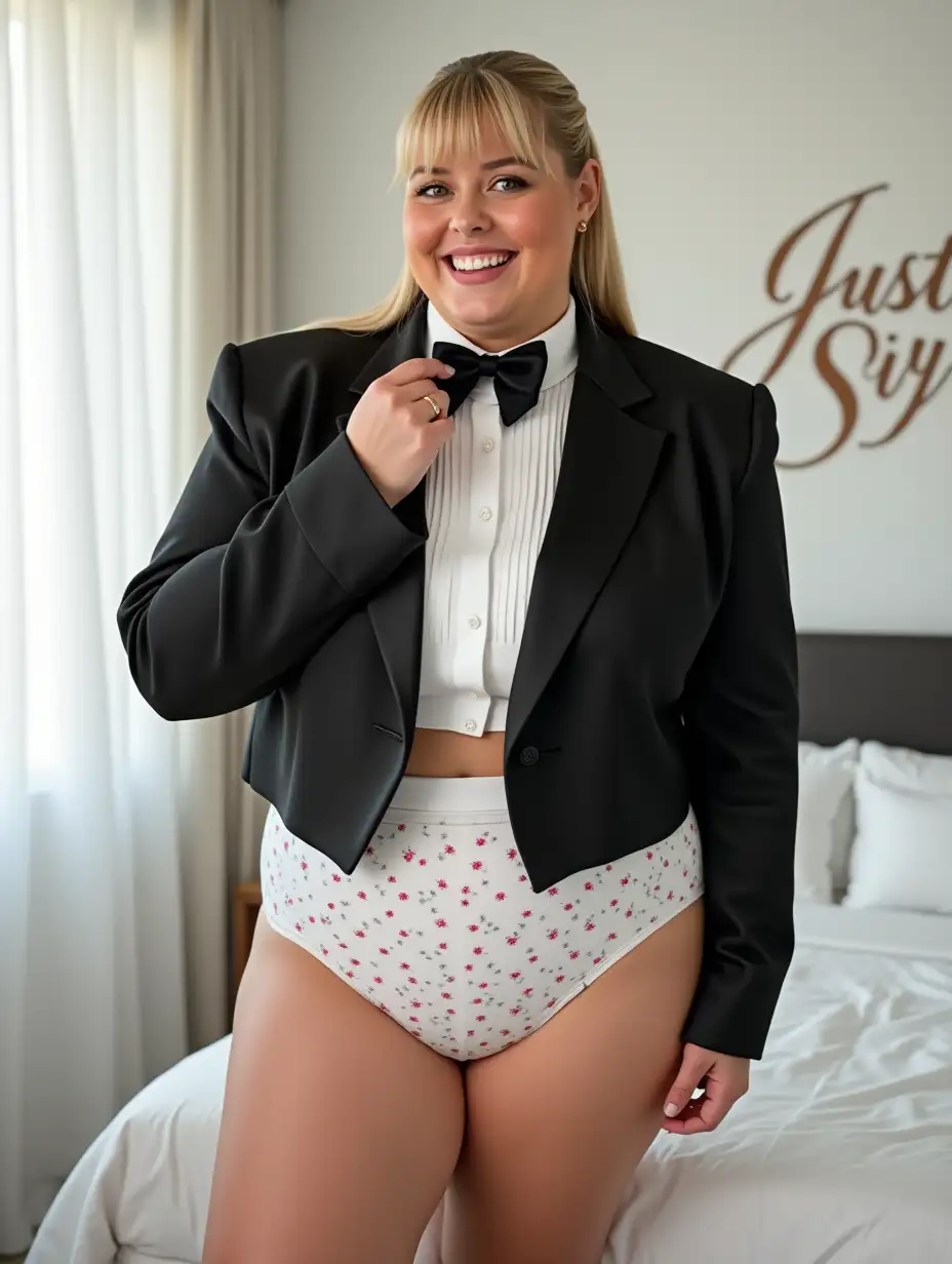 Elegant-PlusSize-Woman-in-Formal-Orchestra-Tuxedo-with-MicroStar-Pattern-in-Bedroom