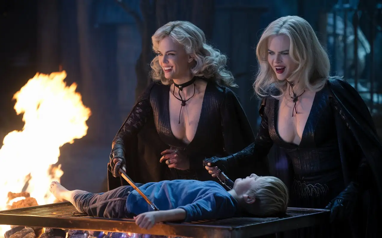 Evil-Witches-with-Deep-Necklines-Grilling-a-Boy-Over-Flames-in-Cinematic-Style