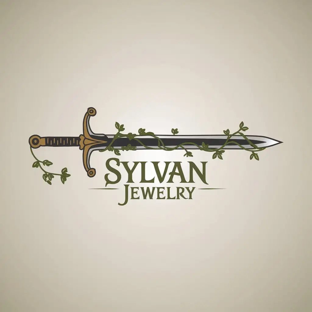 LOGO Design for Sylvan Jewelry Horizontal Medieval Sword with Vines on Clear Background