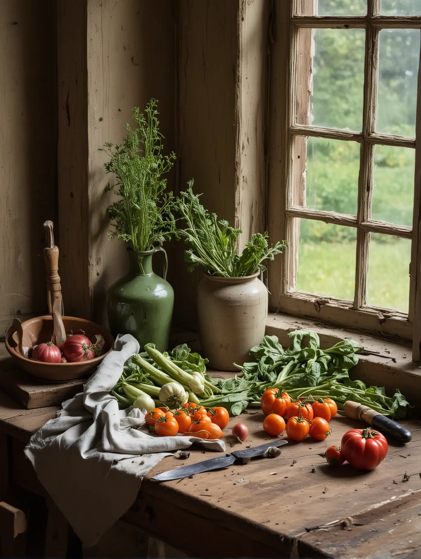 Rustic Still Life with Vegetables and Oil Cannister by Country Window