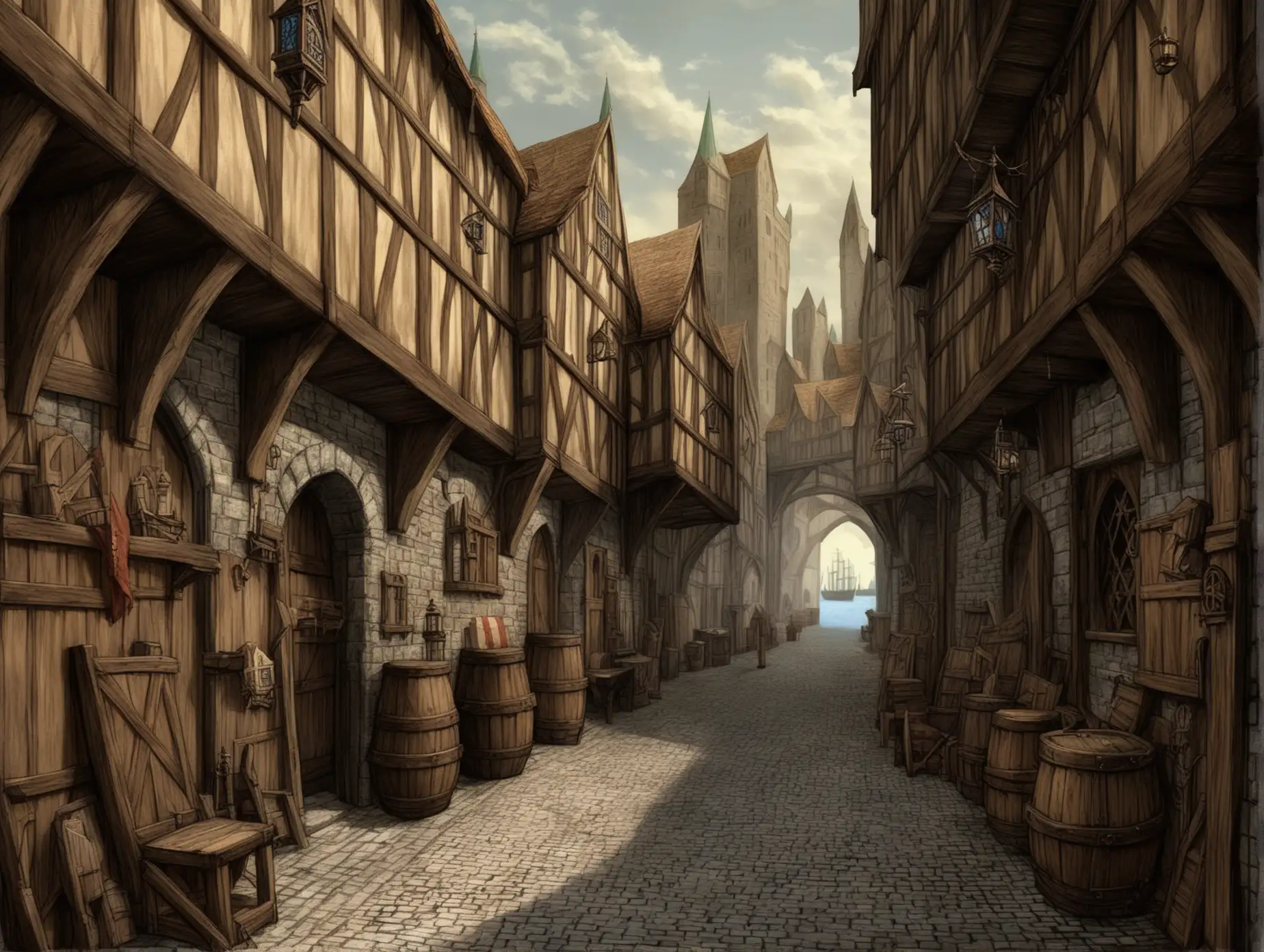 Medieval-Fantasy-Alley-Near-Docks-in-a-Coastal-Town