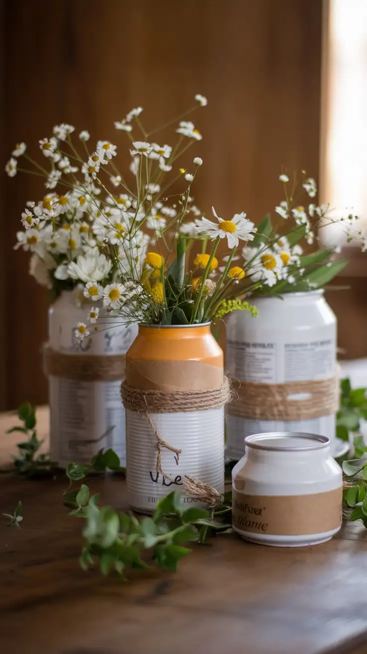 RusticChic-Upcycled-Floral-Arrangement-with-Wildflowers-in-Vintage-Cans