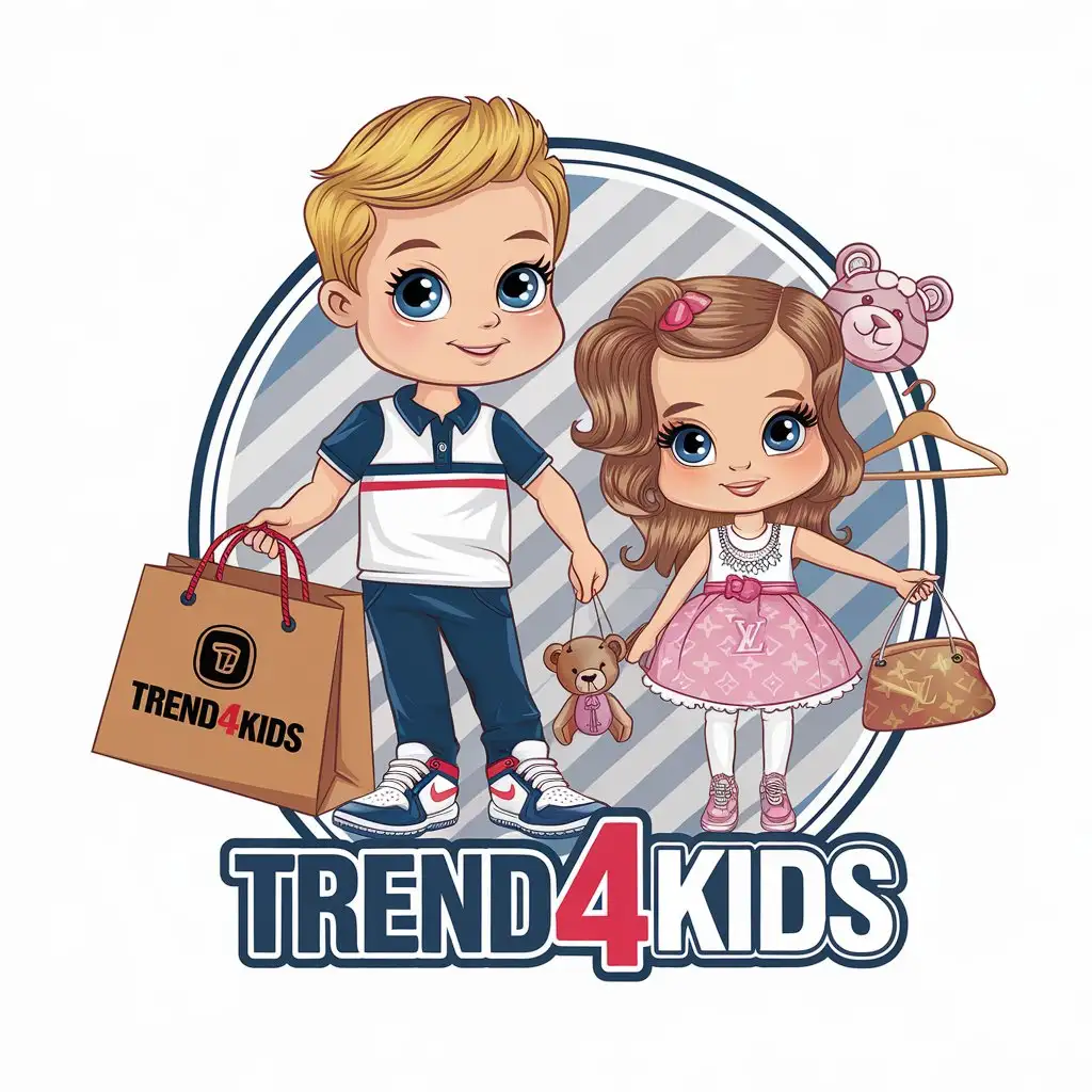 a vector logo design,with the text "Trend4kids", main symbol:Cute young boy with blonde hair in polo t-shirt and nike jordan with cardboard bag from the store with brand logo “trend4kids” and cute young girl with brown hair in dress louis vuitton with small bag, bear toy, clothes hanger, clear background,complex,be used in Kids and women shop industry,clear background