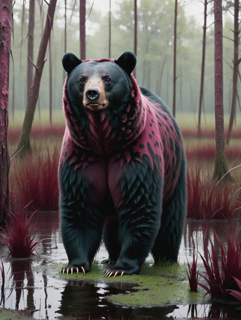 Fantasy Movie Still Black Bear with Spotted Fur in Maroon Swamp