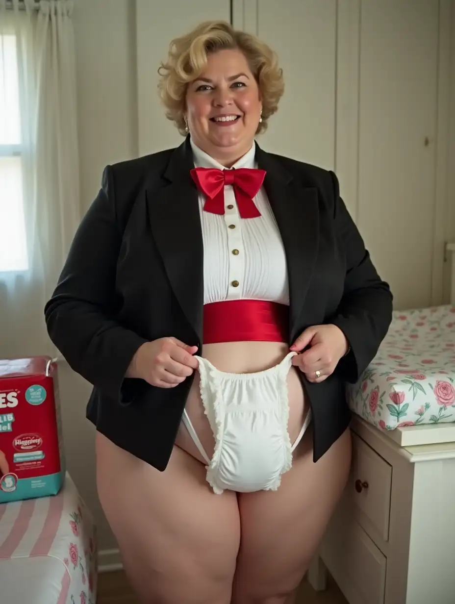 Smiling-Caucasian-Woman-in-Formal-Tuxedo-Unfolding-Huggies-Diaper-in-Nursery