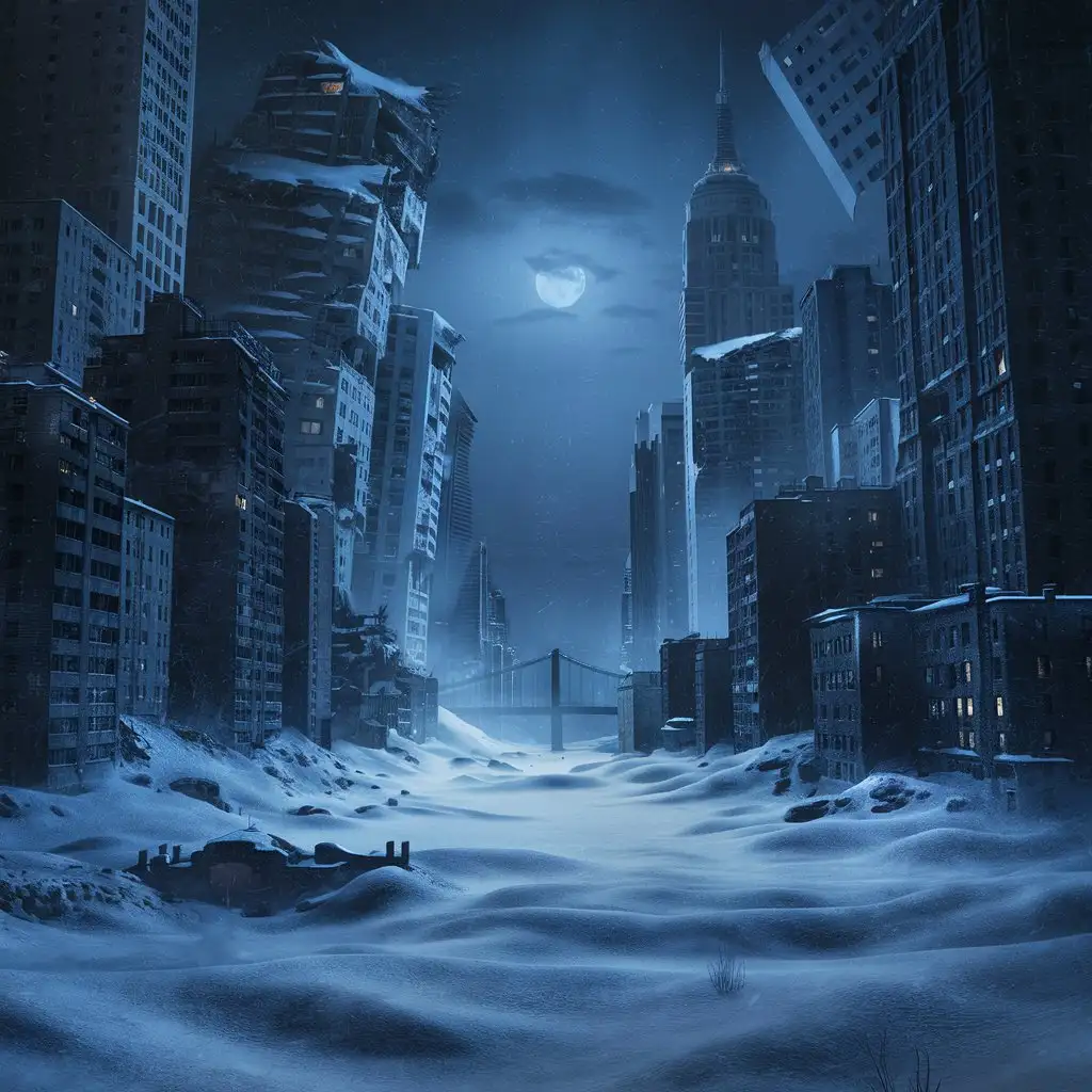 Snow-Covered-Modern-Ruined-City-at-Night