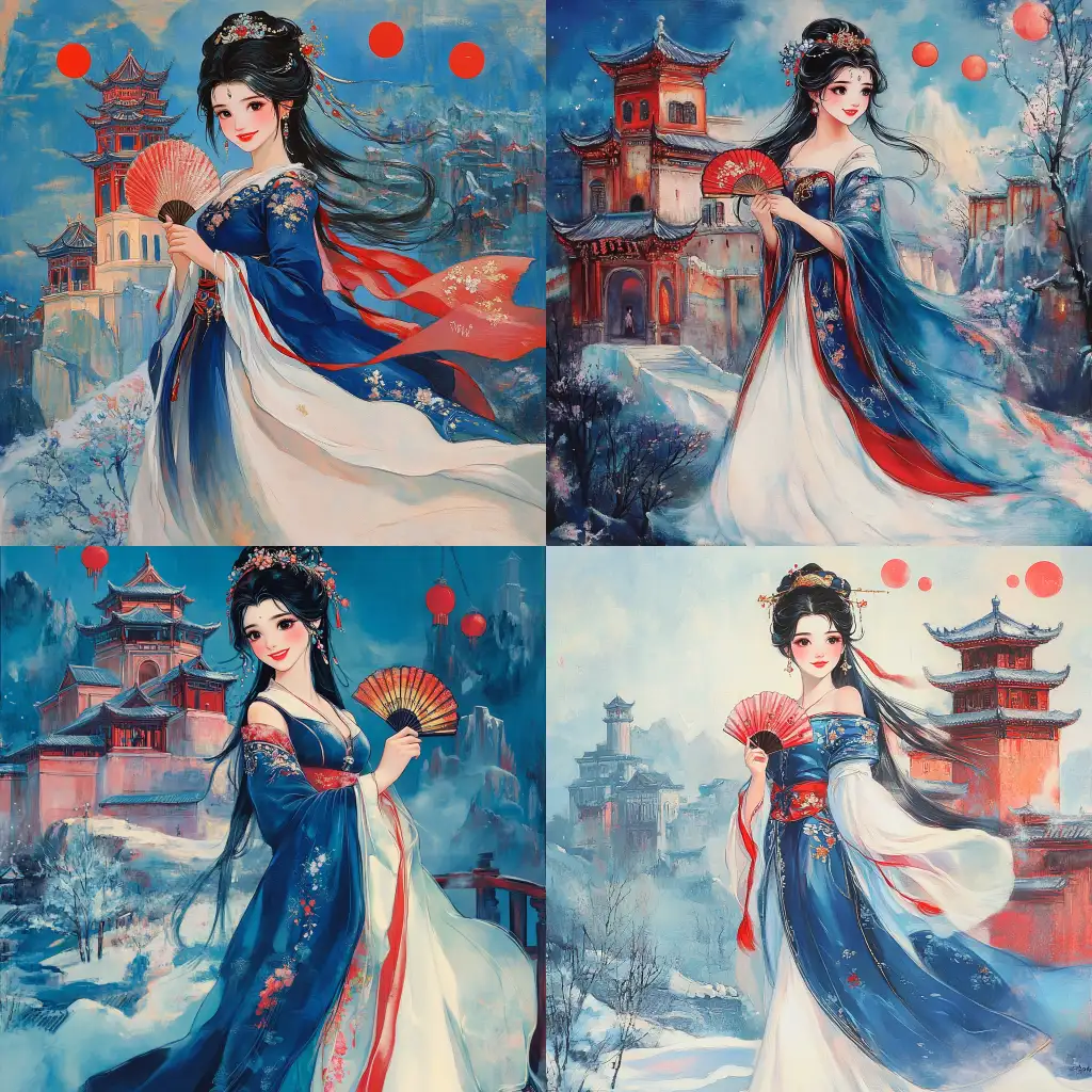 Elegant-Disney-Snow-White-in-Chinese-Hanfu-with-Red-Castle-Background
