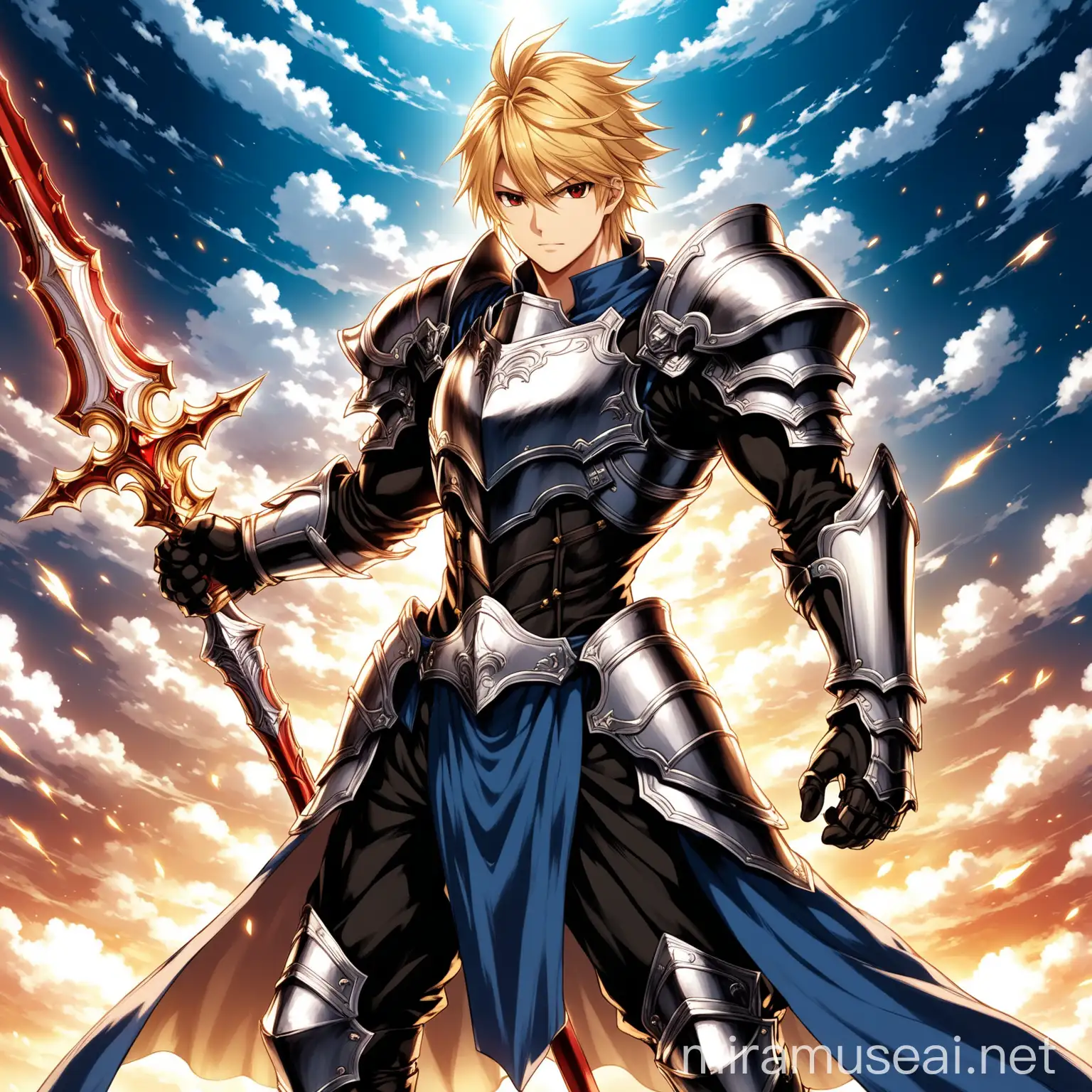 An anime man similar to cloud from final fantasy, heavy armor, short blonde hair, red eyes, proud look, he has a magical holy weapon, heroic pose, in epic anime