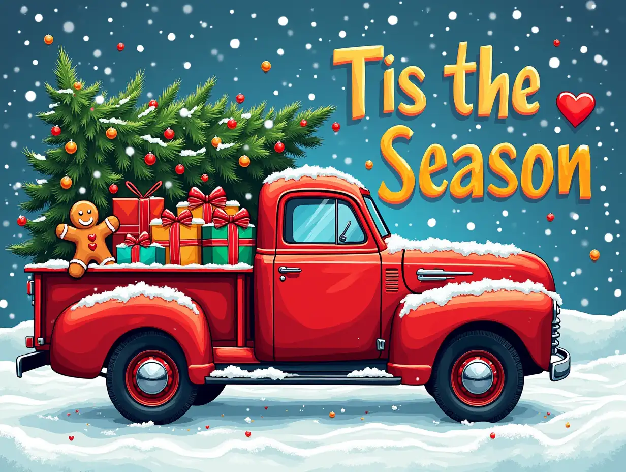 Vector illustration, Art style: stained glass, Art inspiration: realistic description. Create a festive Christmas image featuring a red truck overflowing with Christmas presents, a Christmas tree, and a gingerbread man. The truck should be covered in snow and decorated with festive ornaments. The text 'Tis the Season' should be written in bold, colorful lettering, surrounded by hearts and candy canes. The background should be a snowy winter scene, with snowflakes falling gently.