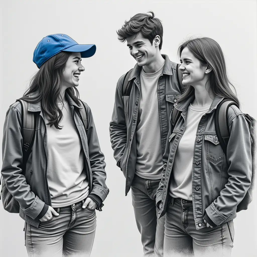 A charcoal sketch two joyful 16 year old adolescents and a 35 year old attractive adult mentor in the basement of a church for an afterschool program. One of the teenagers wears a sapphire blue ball cap.