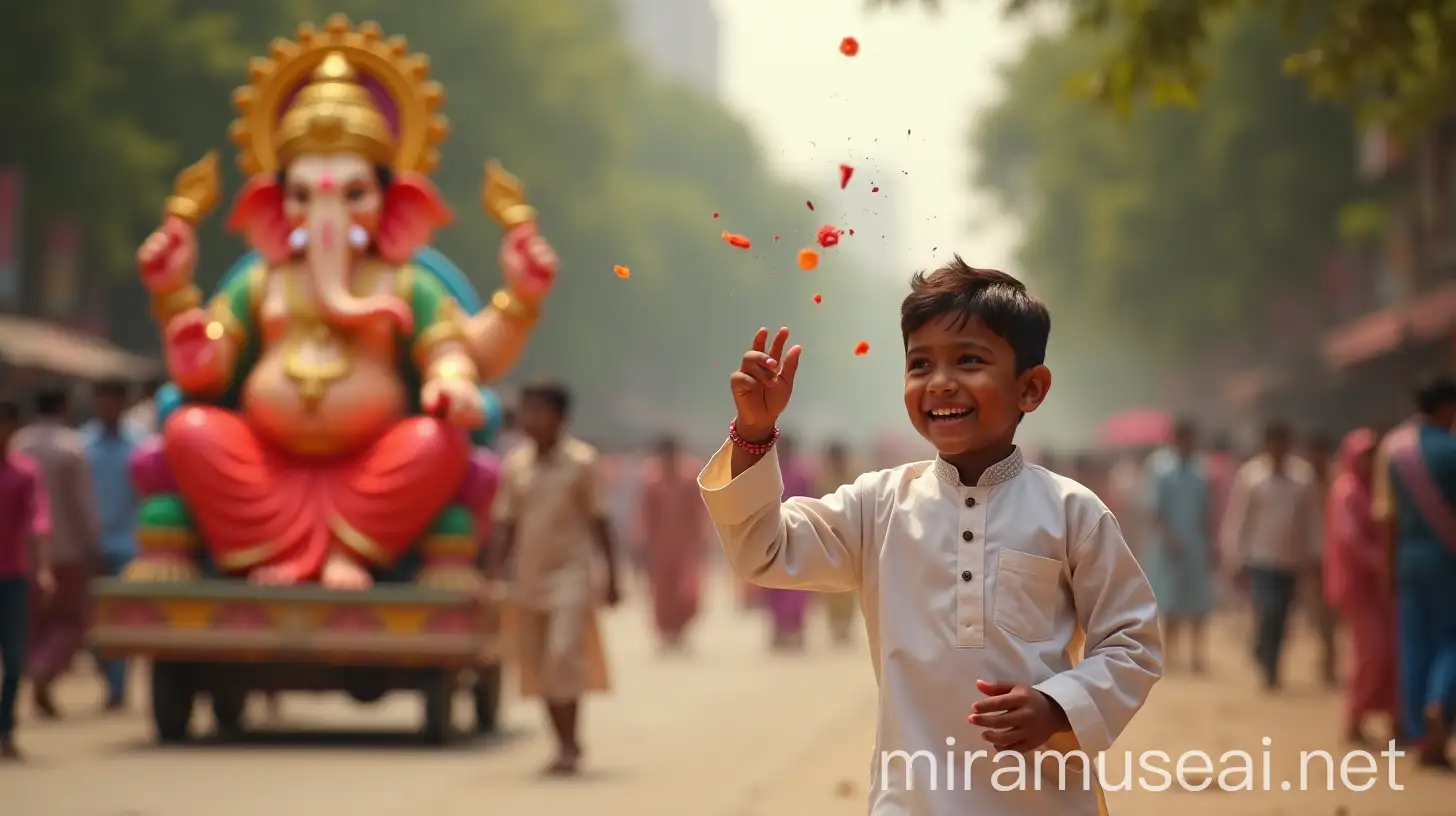 Joyful Indian Kid Dancing with Lord Ganesh Procession in Delhi