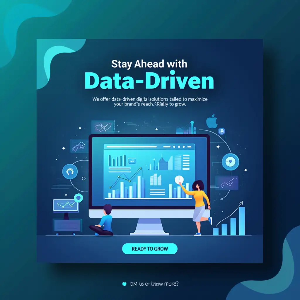 A modern Instagram post design with a professional and clean aesthetic. The background features a gradient in teal and navy blue with subtle abstract elements like flowing lines and dots, symbolizing technology and data. At the center, a sleek data analytics dashboard mockup is displayed, showing graphs, charts, and growth indicators in vibrant colors. The tagline 'Stay Ahead with Data-Driven Solutions' is written in bold, sans-serif font (highlighting 'Data-Driven' in a contrasting bright blue). Below, supporting text reads, 'We offer data-driven digital solutions tailored to maximize your brand’s reach. Ready to grow?' in a clean, smaller font. The design includes a call-to-action at the bottom, like '📩 DM us to know more.' The overall tone is modern, innovative, and tech-focused, perfect for a digital marketing company