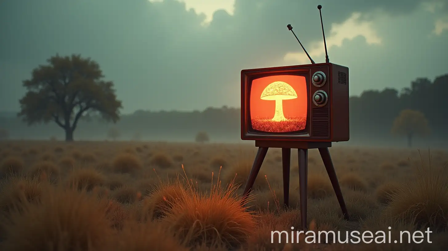 Field with TV on Legs Showing Atomic Mushroom