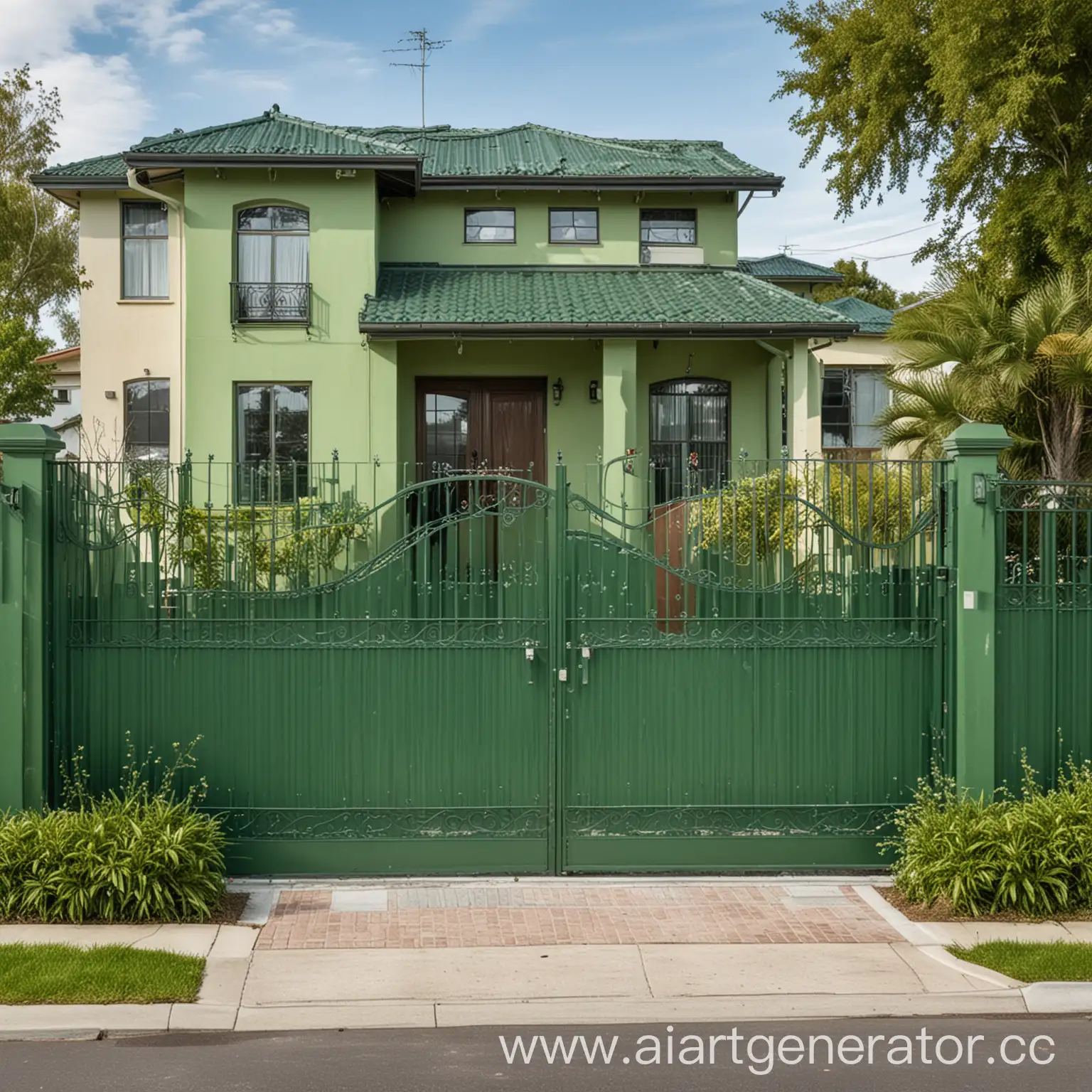 TwoStory-House-with-Green-Metal-Picket-Fence-and-Sliding-Gates