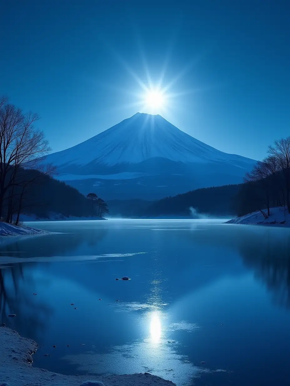 A tranquil winter night featuring Mount Fuji under the glow of a full moon. The mountain’s snow-capped peak glistens in the moonlight, emphasizing its majestic presence. A serene lake at the base reflects the moon and the icy surroundings, with its surface partially frozen. Bare trees and subtle traces of snow frame the scene, while the cold, crisp air is suggested by a faint mist rising from the water. The deep blue hues of the winter sky blend with the moon’s silvery light, creating a peaceful and frosty atmosphere.