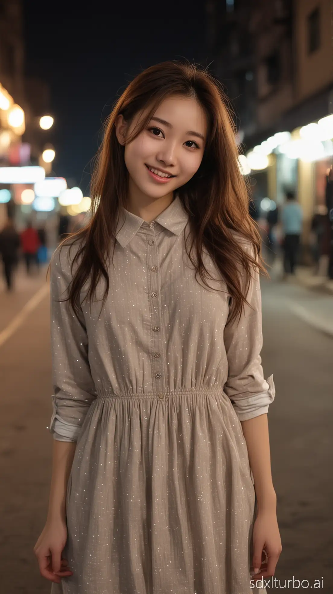 Chinese 18-year-old woman, small round face. Sexy and sweet smile, brown hair, white skin, black eyes, tall slender figure, fully made up, winter night, tall slender figure, fashionable deep-colored shirt and dress, on the street, self-portrait action and effect
