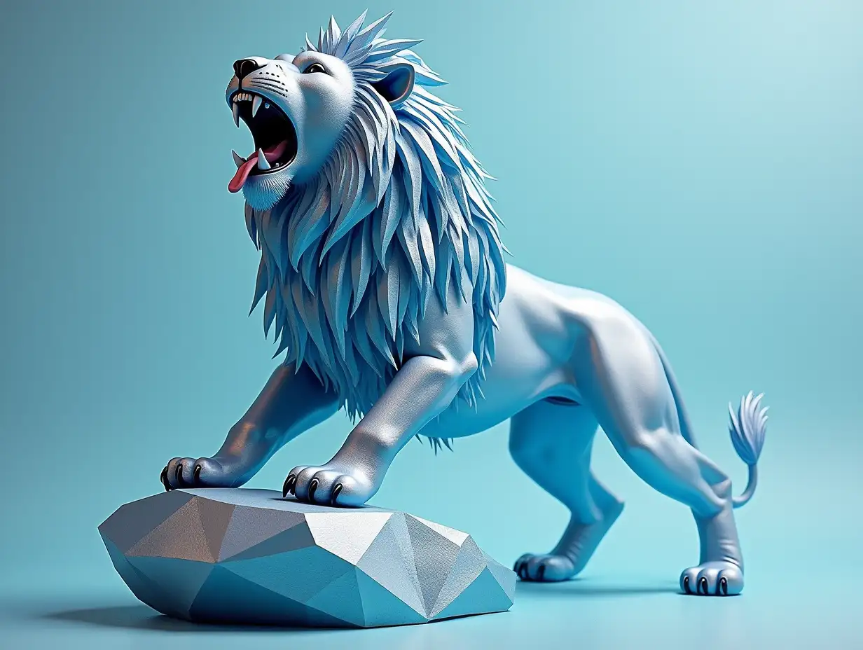 Metallic animals. An ice blue lion roars on a large origami-like rock.