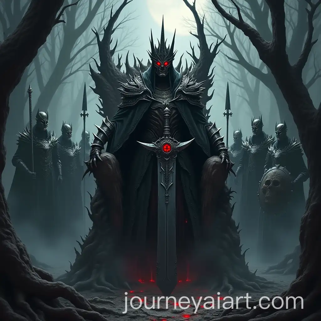 Dark-Fantasy-King-on-Twisted-Throne-in-Haunted-Forest-with-Sinister-Guards