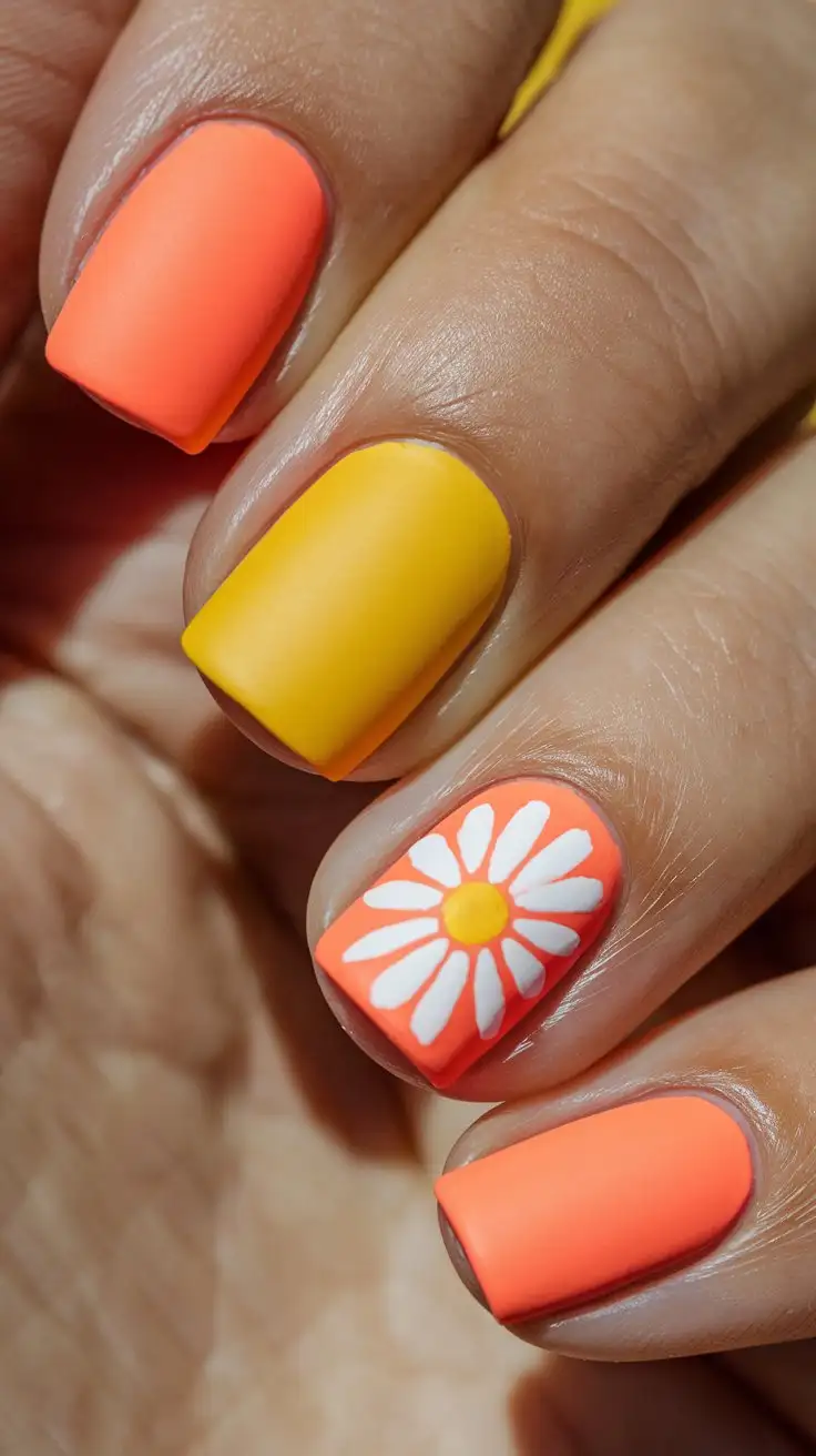 Coral-Orange-Short-Square-Nails-with-White-Daisy-Design-on-Sunny-Yellow-Background