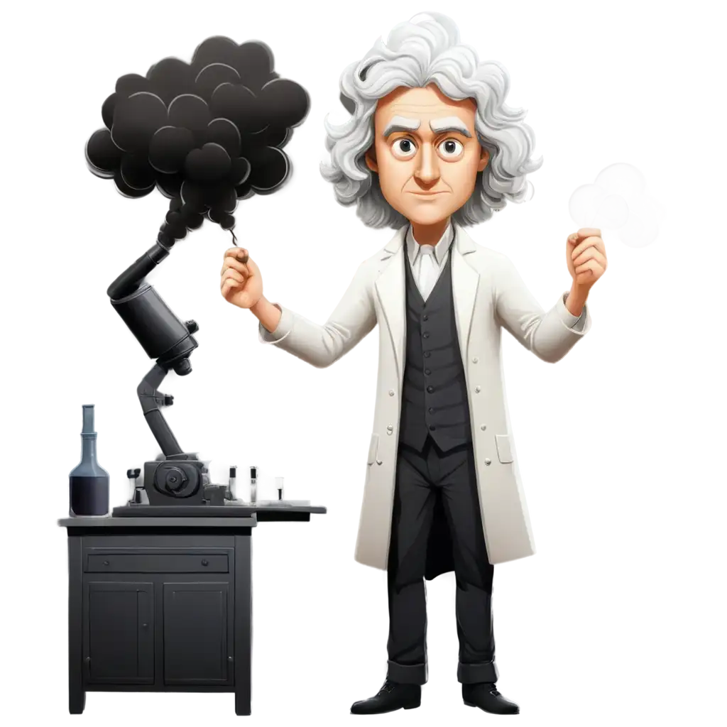 Isaac-Newton-in-a-Lab-with-Cartoon-Style-and-Black-Smoke-PNG-Image