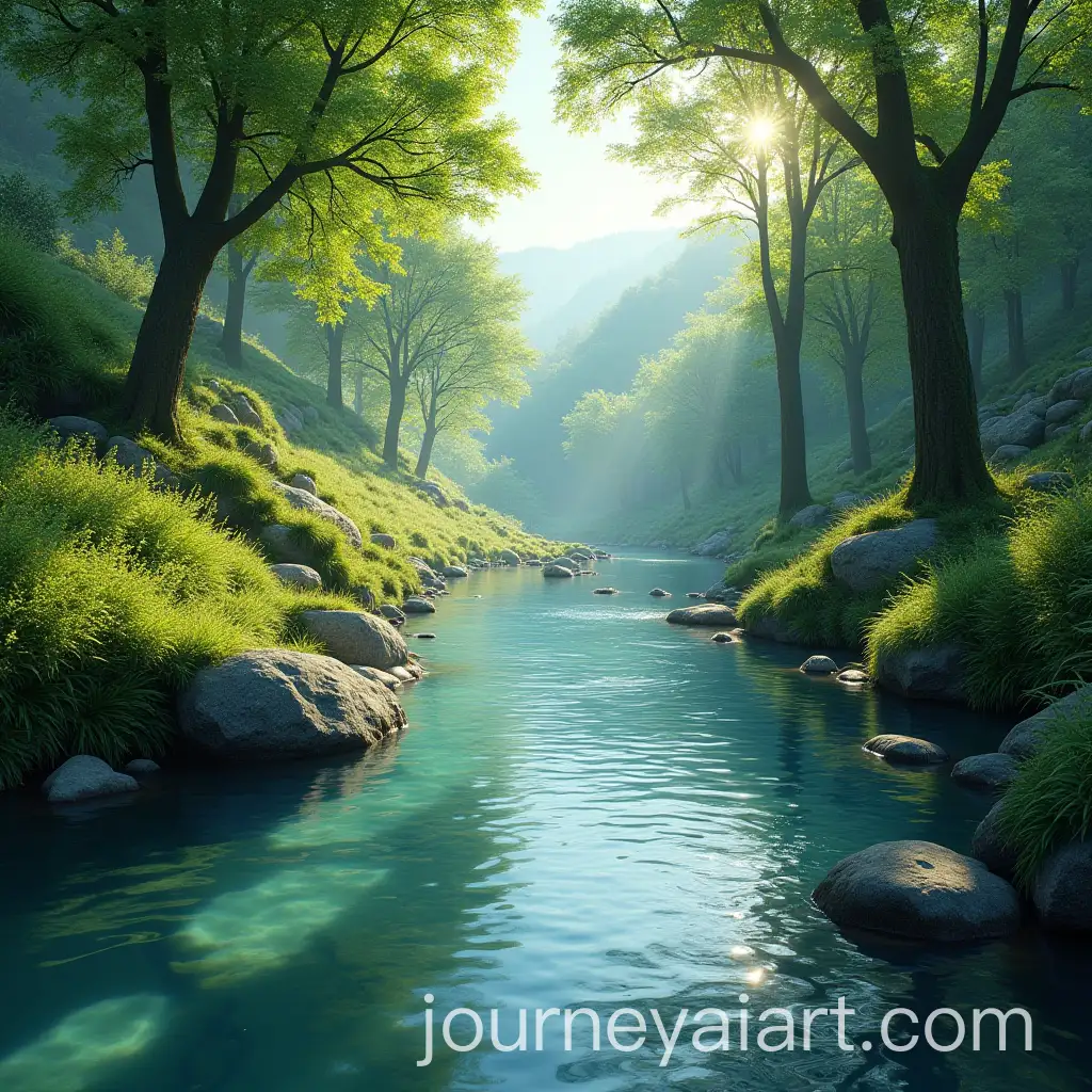 Serene-Village-Stream-with-CrystalClear-Water-and-Lush-Greenery