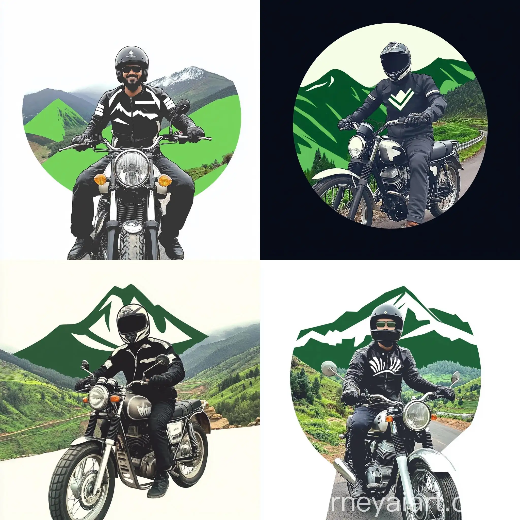 Adventure-Ride-Standard-Bullet-350-Bike-with-Rider-in-Full-Riding-Gear-and-Green-Mountain-Background