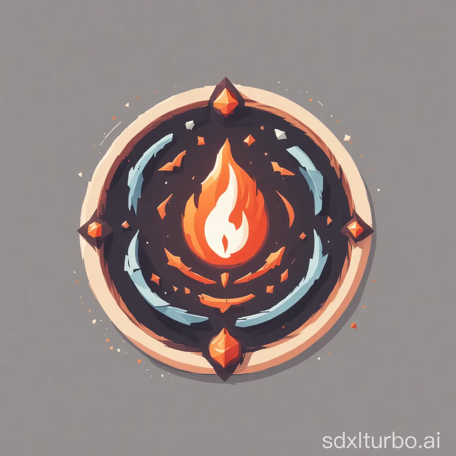 flat minimalist fantasy game icon, Spell fire, round geometric shapes, solid colors, clean lines, modern vector style, high contrast, white background