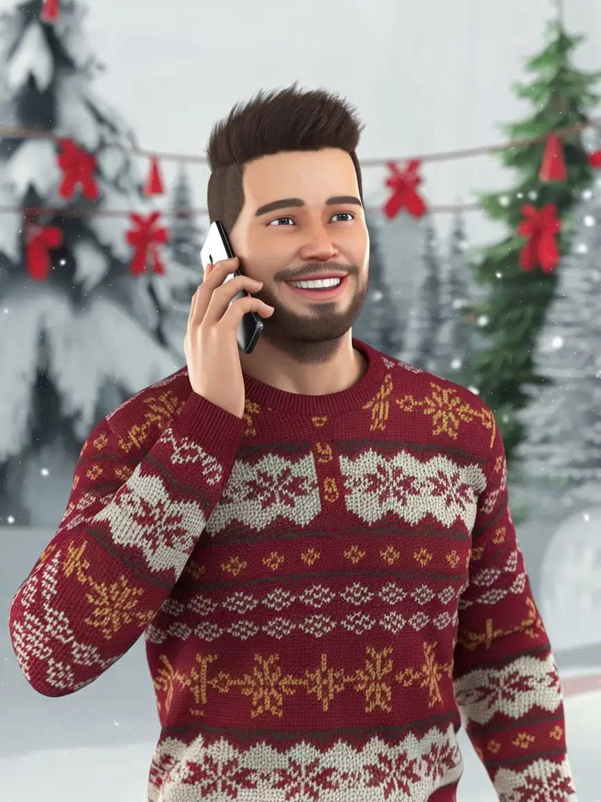 a realistic man is calling on a smartphone, happy in front of the New Year's holiday in 3D