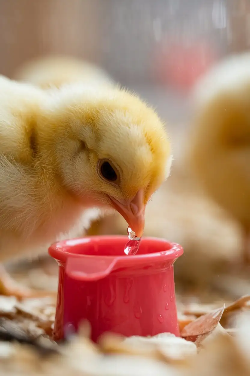 A side-view, macro shot of a baby chick drinking water from a tiny, red waterer. The chick is a fluffy, bright yellow Leghorn, its head tilted down towards the waterer.  Water droplets are visible on its beak and around the rim of the waterer, catching the light. The background is softly blurred, showing a glimpse of wood shavings and other chicks in the distance. Focus is intensely sharp on the chick's beak and the water droplets, highlighting the delicate action of drinking. Use natural, warm lighting to enhance the golden tones of the chick’s down. --ar 1:1 --zoom 1.3 --v 5 --style raw --s 600