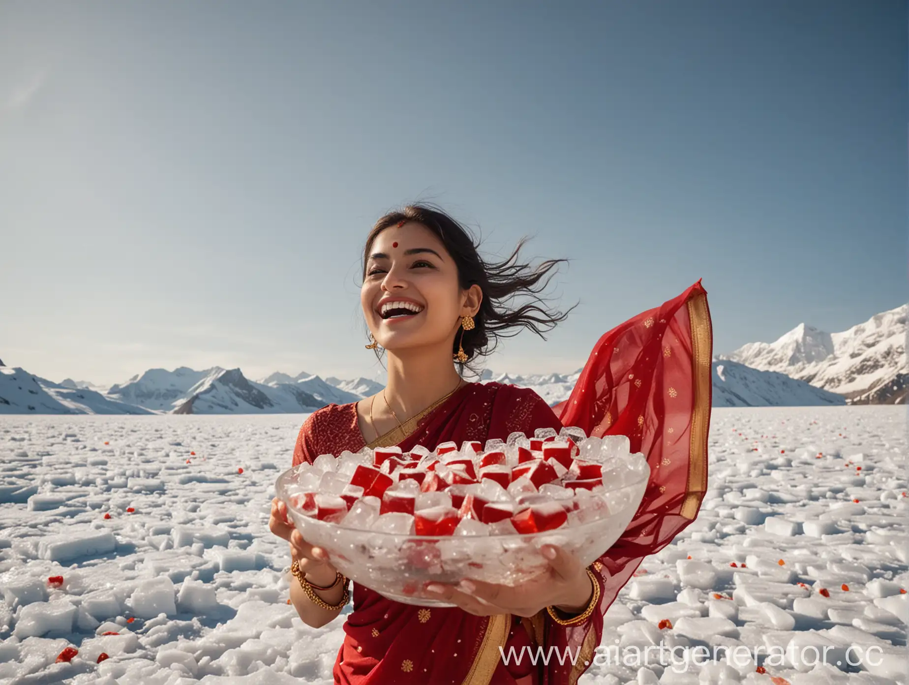 Young-Woman-in-Traditional-Red-Sari-Tossing-Ice-Cubes-in-Icy-Landscape