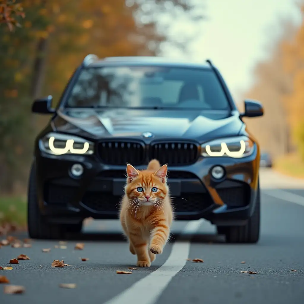 A large, tinted BMW X5M chases a fluffy red cat with blue eyes, who runs away in fear along the road, movie