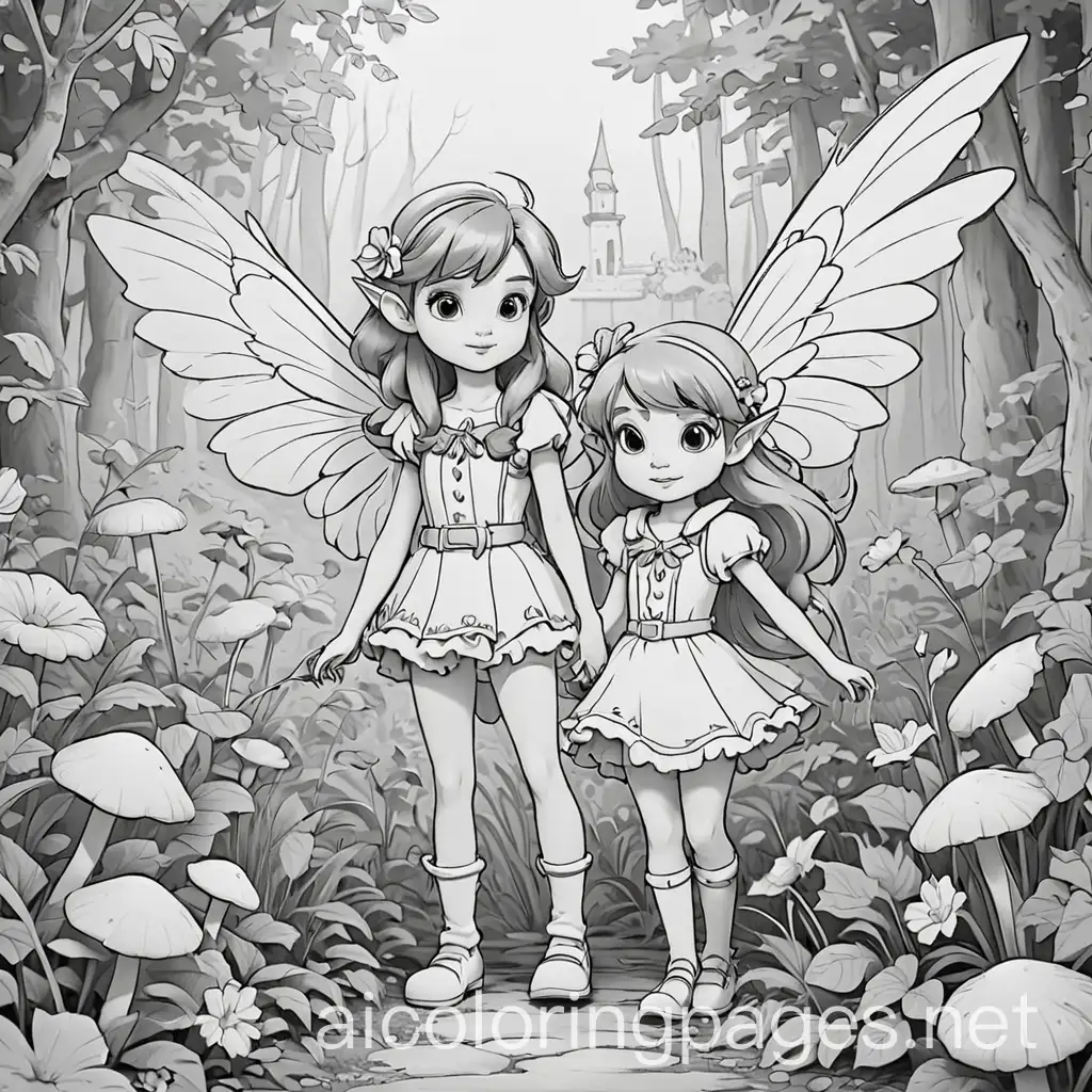 Fairytaleforest, mushrooms, large flowers, two elves with huge wings, Coloring Page, black and white, line art, white background, Simplicity, Ample White Space. The background of the coloring page is plain white to make it easy for young children to color within the lines. The outlines of all the subjects are easy to distinguish, making it simple for kids to color without too much difficulty, Coloring Page, black and white, line art, white background, Simplicity, Ample White Space. The background of the coloring page is plain white to make it easy for young children to color within the lines. The outlines of all the subjects are easy to distinguish, making it simple for kids to color without too much difficulty