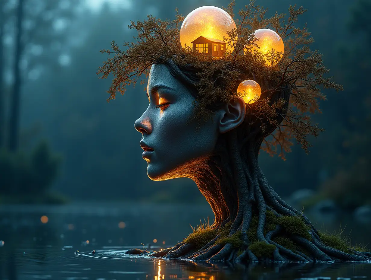 Face with hair transformed into a building with glass glowing balls and roots illuminated on a tree with lake