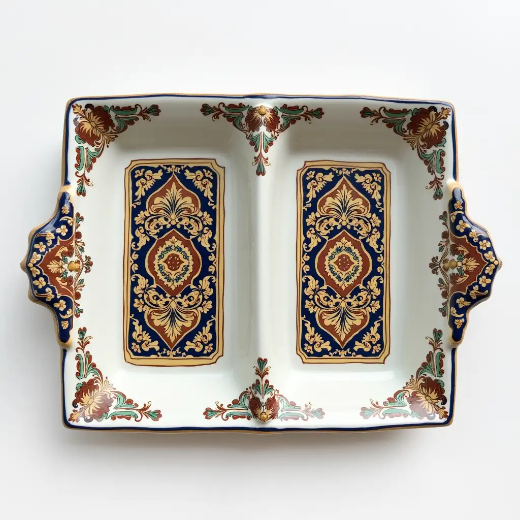 Two divided rectangle ceramic tray plate with embossed beautiful  ceramic handle,Underglaze painting on white body,, Fine art, Hyper detailed,Antique and old, Qajar art, Iranian Tabriz carpet design