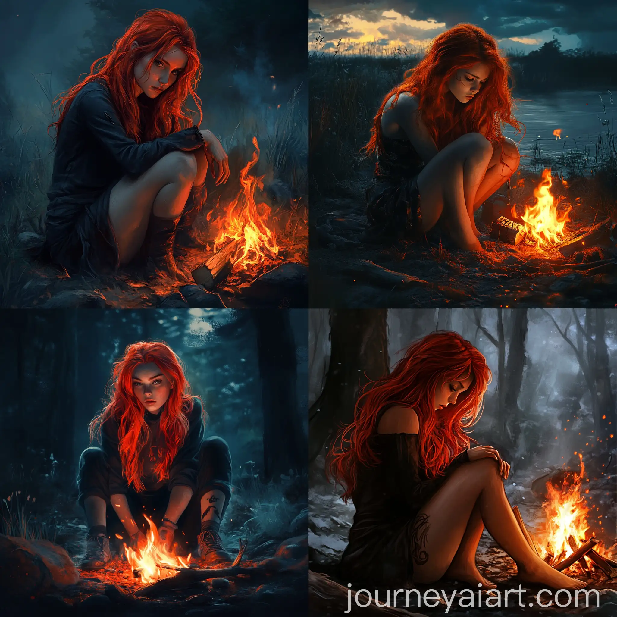 RedHaired-Girl-by-Campfire-in-Evening-Glow