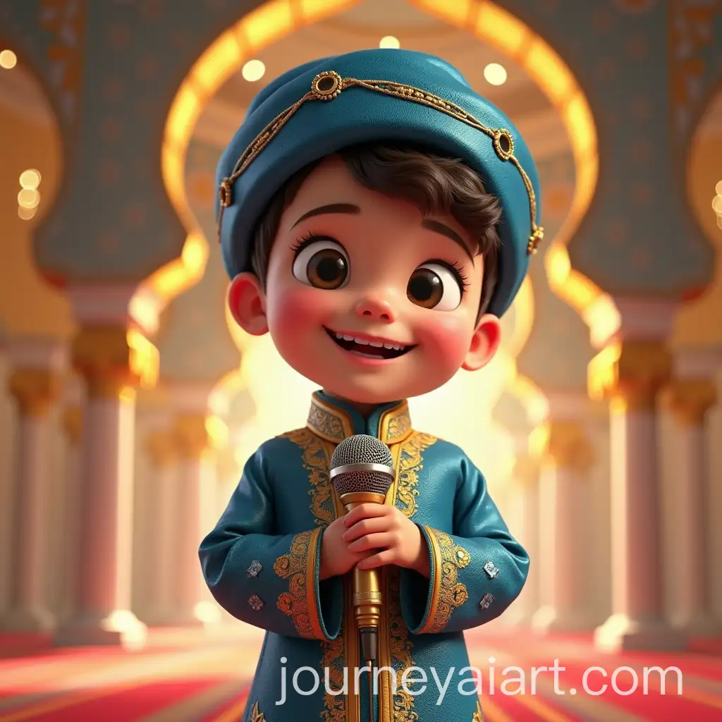 Young-Boy-in-Traditional-Islamic-Outfit-Inside-Grand-Mosque-with-Golden-and-Blue-Arches