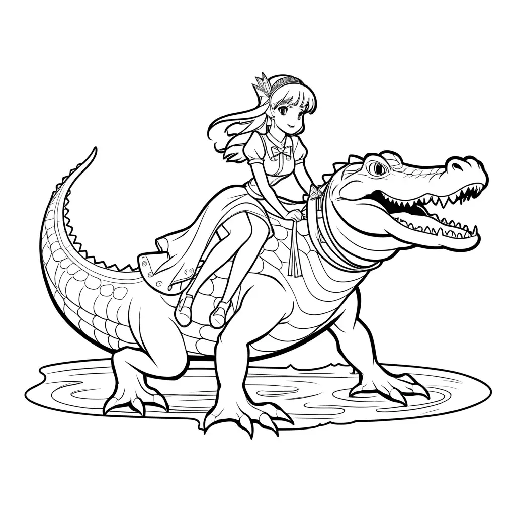 Anime-Princess-Riding-Alligator-Coloring-Page