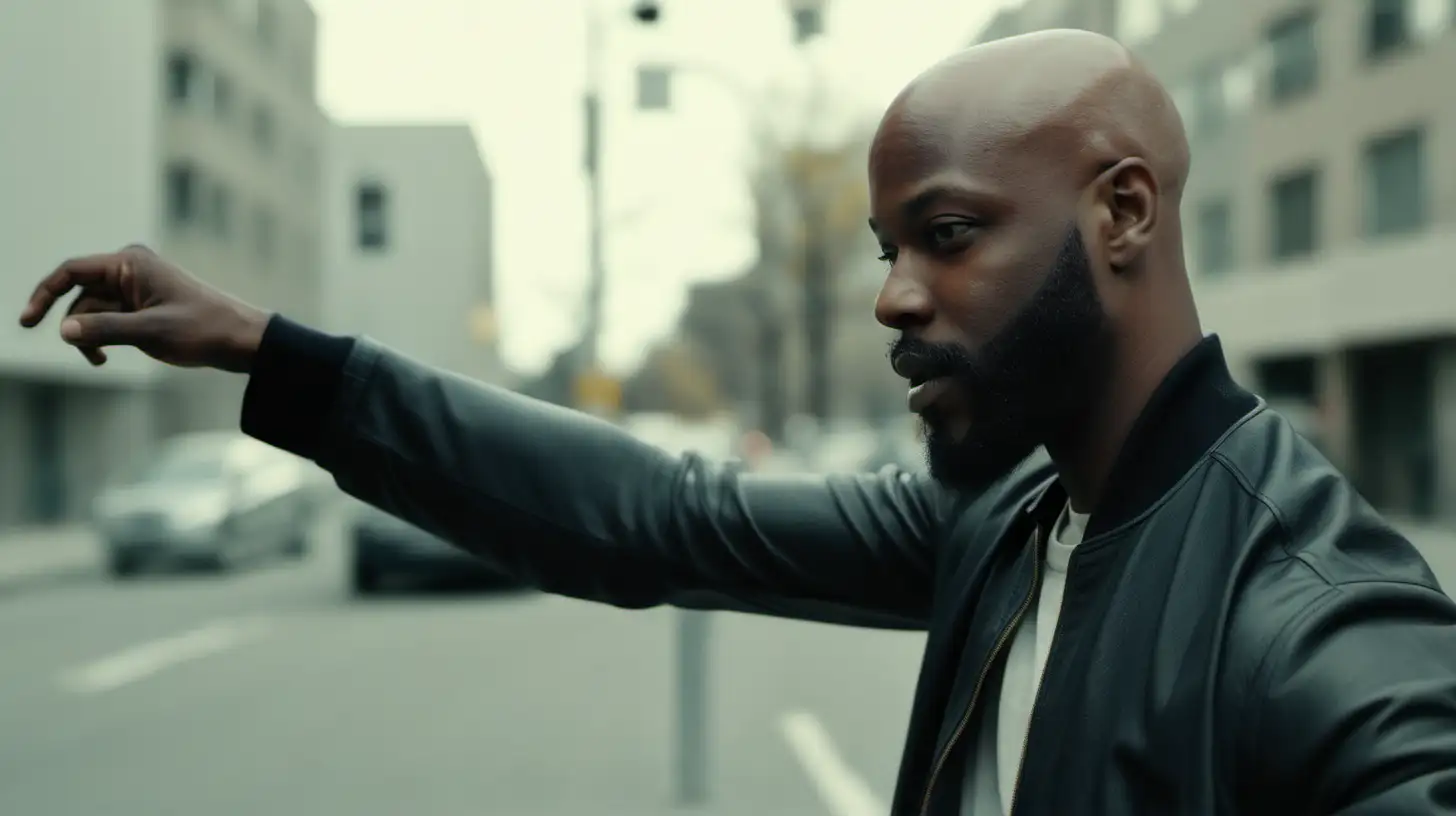 a profile picture of a bald headed black man with a beard dressed casually portrait of him reaching for a lever in the street wide shot from a distance