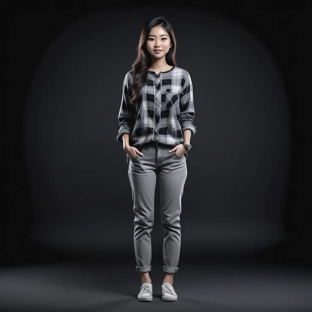 Full-Body-Portrait-of-Asian-Female-in-Casual-Flannel-Shirt-with-Grey-Tones