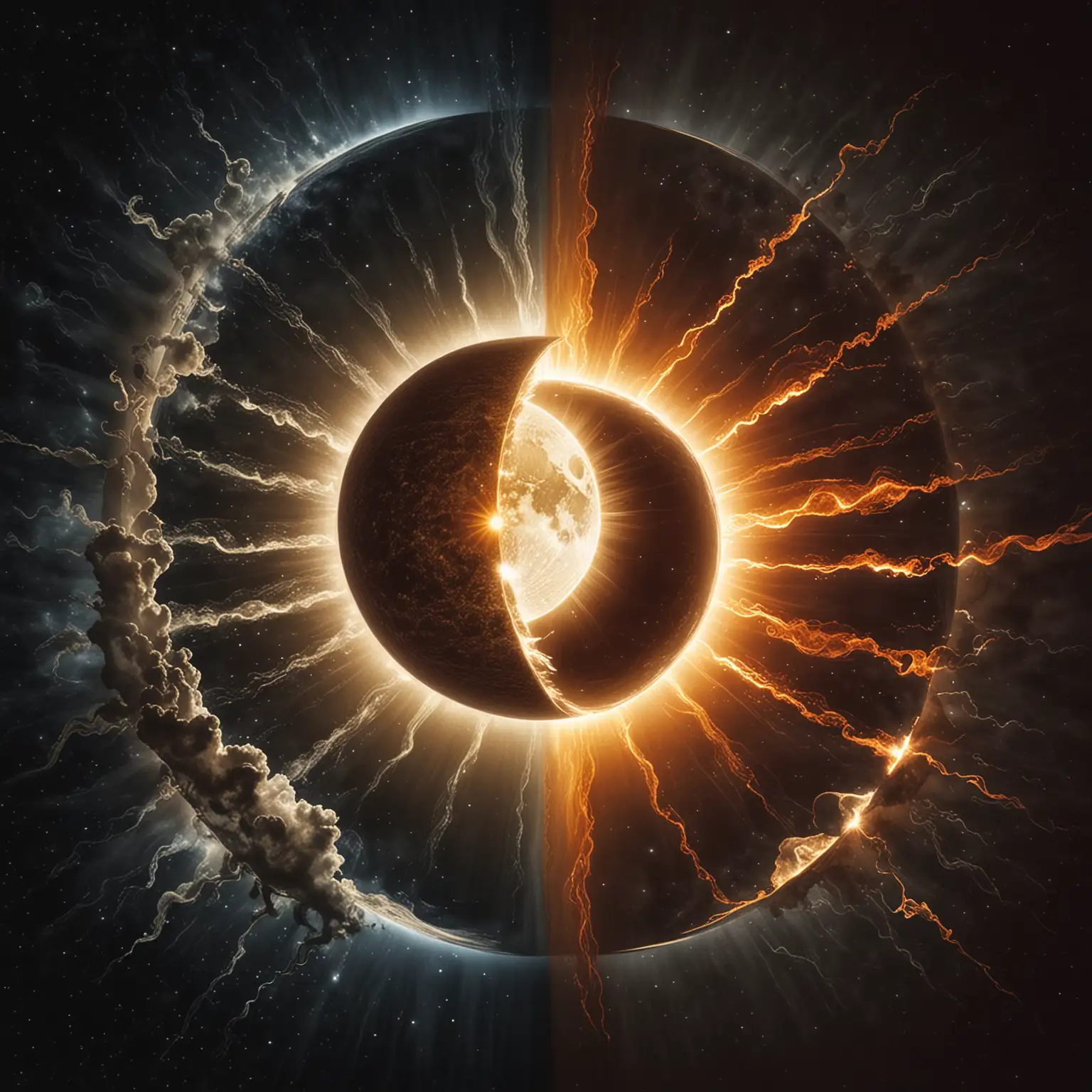 An illustration of a creative dynamic very clear & contrasting formation of the sun and the moon split at the center on an atmospheric background relevant to the characteristics of the sun, and the moon separately.