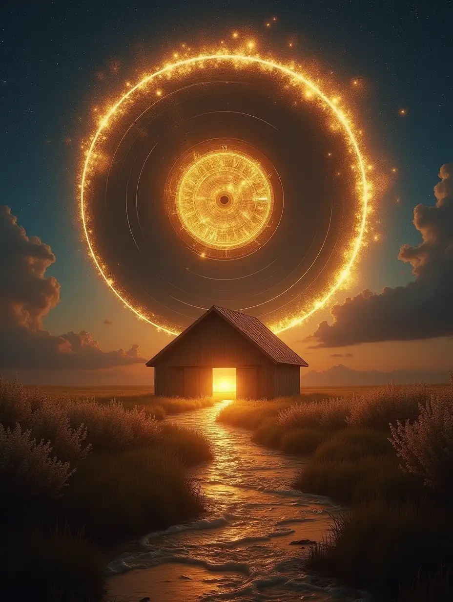 A glowing vinyl record spins backward in the sky like a celestial clock, its grooves shimmering with mystical energygolden energy swirls outward, illuminating the barn with shimmering light. the air begins to ripple like water, forming a portal