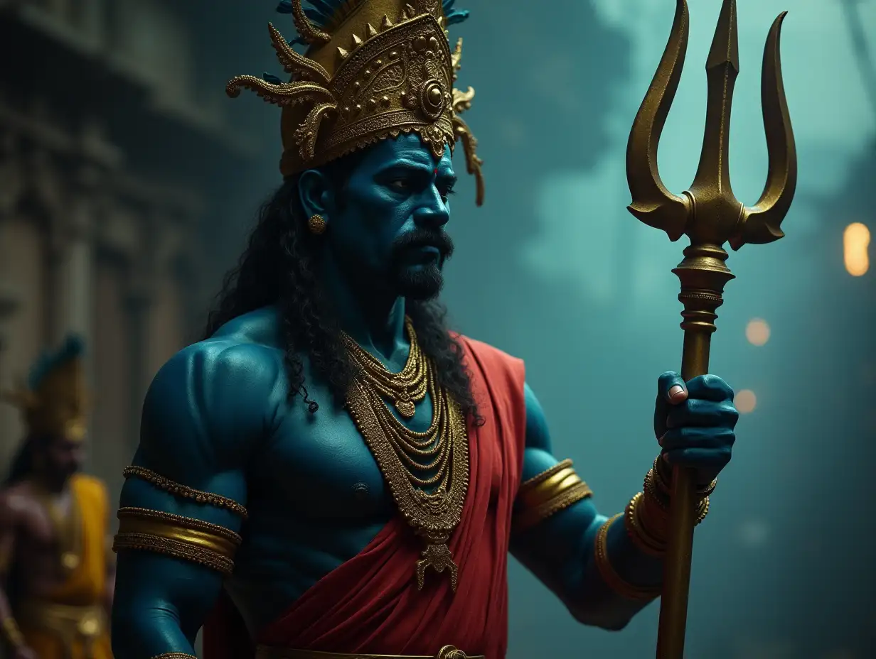 Indian Man dressed as Mahakal, with trident in his right hand, hyperrealist, cinematic 8K resolution HDR, Cinematic film still, shot on v-raptor XL, film grain, vignette, color graded, post-processed, cinematic lighting, 35mm film, live-action, best quality, atmospheric, a masterpiece, epic, stunning, dramatic