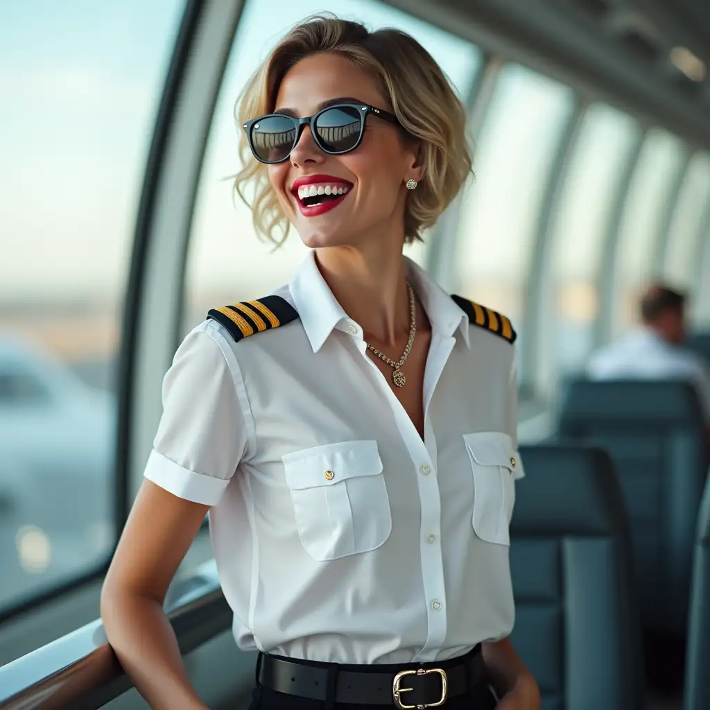 white norvegian pilot lady, in white deep-necked pilot shirt, laughing with her mouth open, red lipstick accentuating her smile,belt on waist, big wide hips, chest are fully grown, jewerly, short hair, HD, enjoying at airport , photo-realism