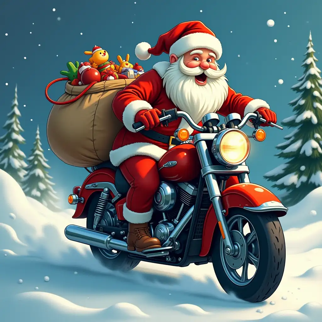 Santa claus on a motorcycle.With a bag of toys