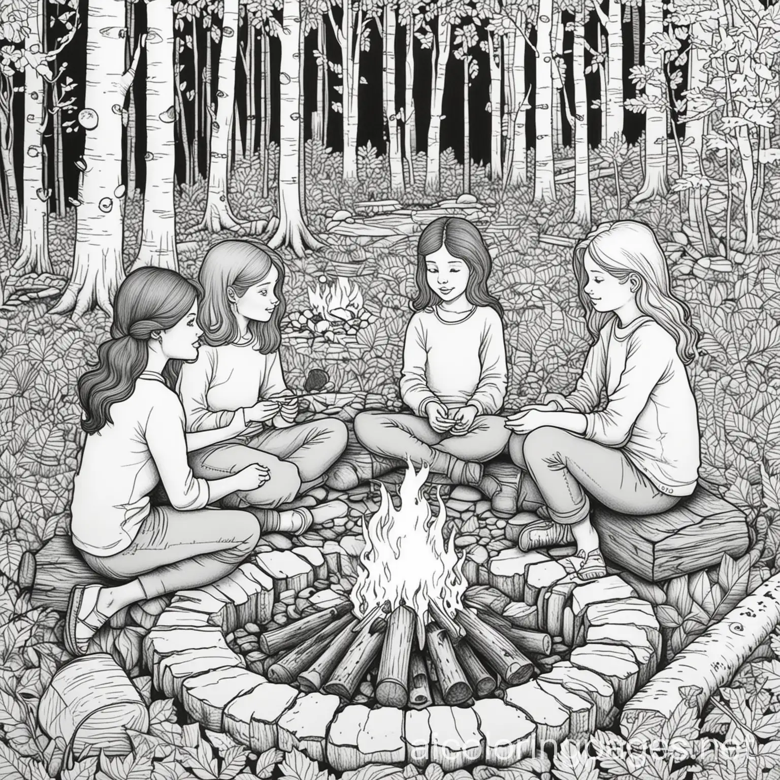 adult coloring, black and white, create an intricate design of friends sitting around a bonfire in the autumn woods, roasting marshmellows, Coloring Page, black and white, line art, white background, Simplicity, Ample White Space. The background of the coloring page is plain white to make it easy for young children to color within the lines. The outlines of all the subjects are easy to distinguish, making it simple for kids to color without too much difficulty