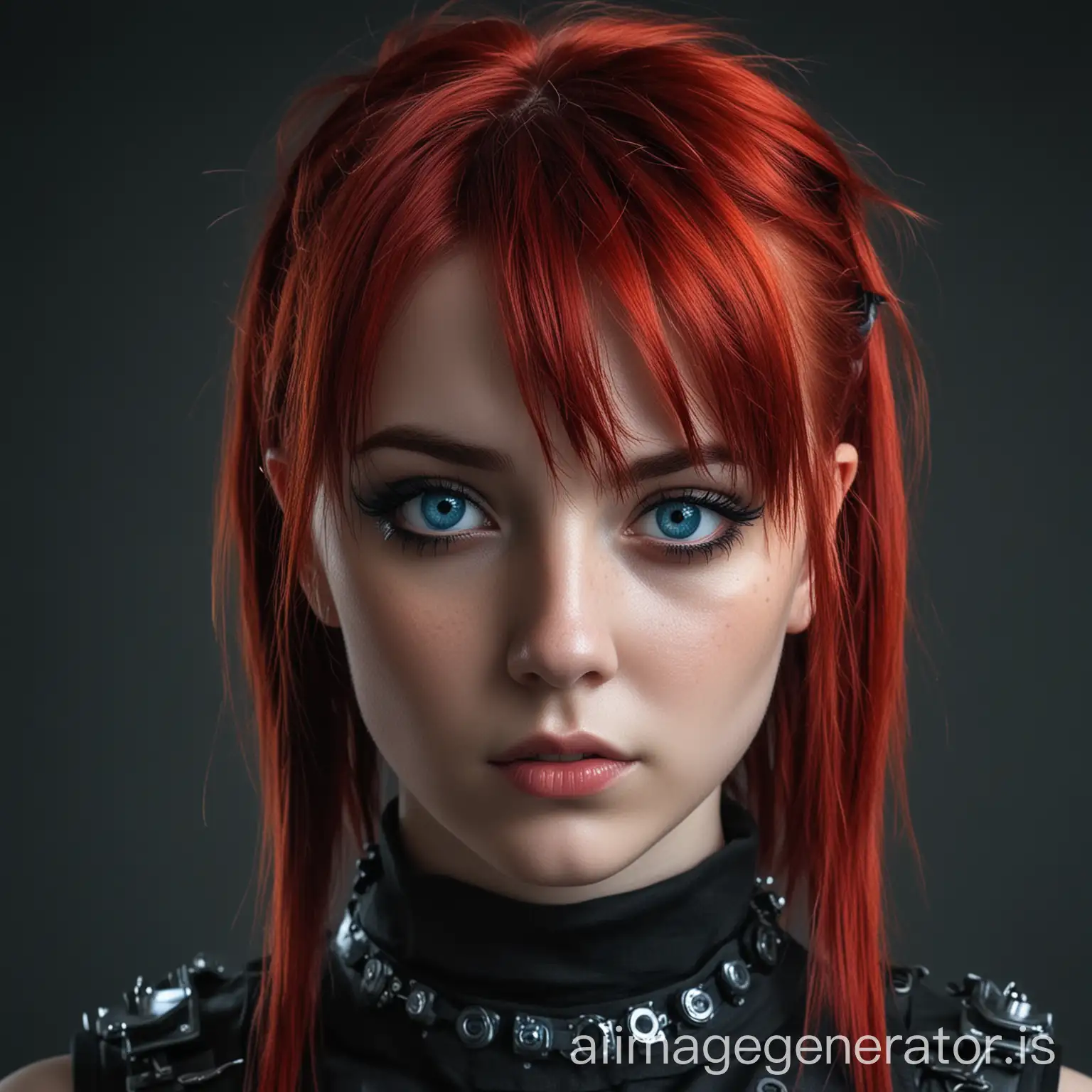 portrait GIRL cyber punk RED hair black cloth bleu eyes