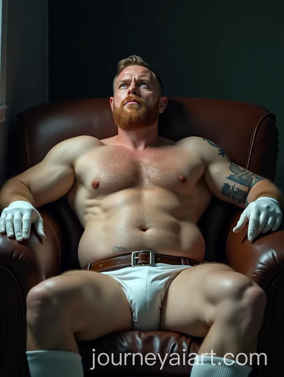 Mature-GingerHaired-Police-Officer-Relaxing-on-Sofa-with-Blue-Light-and-Tattoos