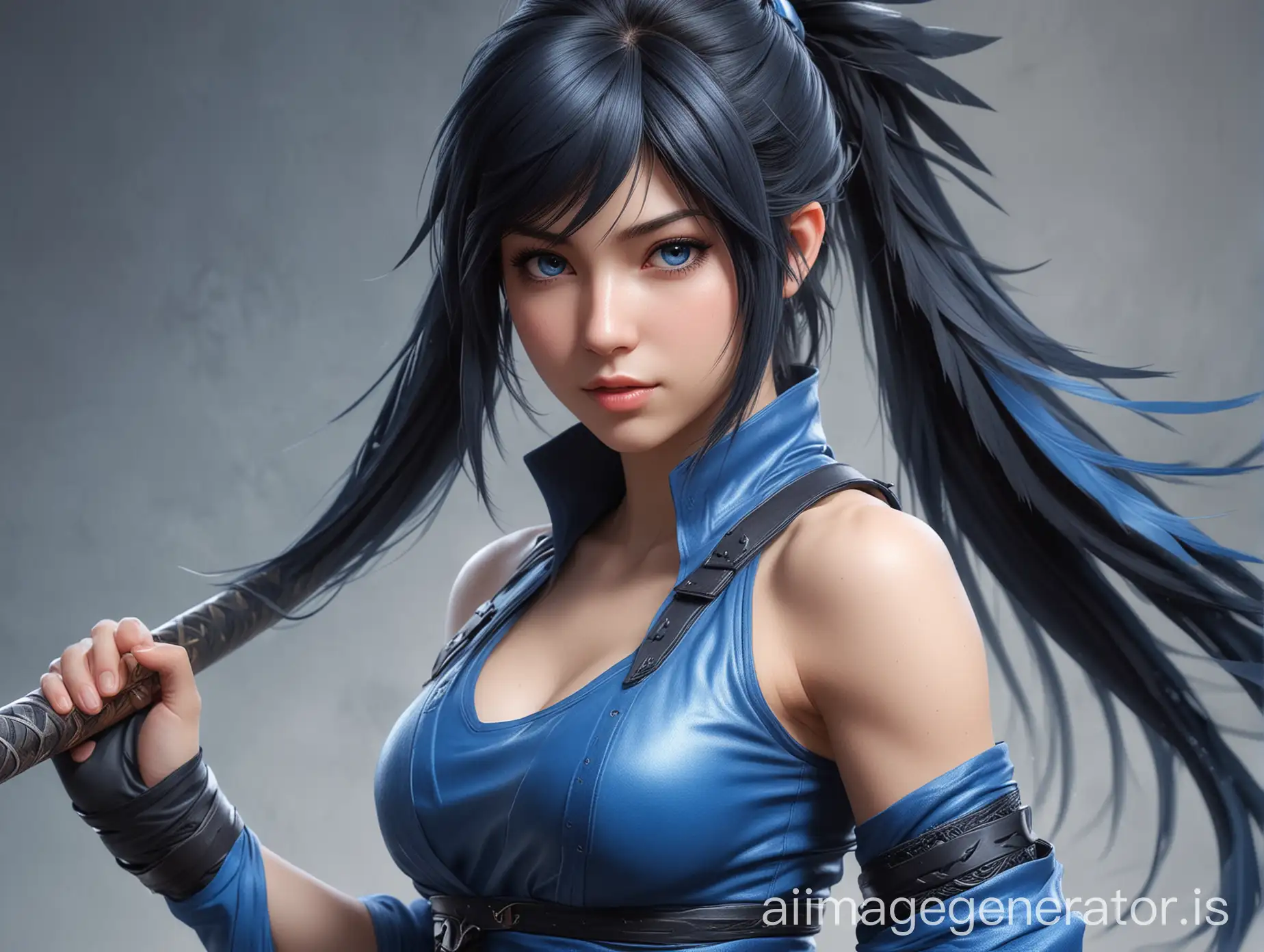 masterpiece design of a beautiful female that looks like Rinoa Heartily cosplaying blue ninja samurai , illustrated in the style of Final Fantasy and Artgerm